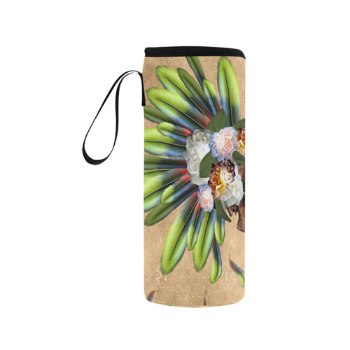 Amazing skull with feathers and flowers Neoprene Water Bottle Pouch/Medium