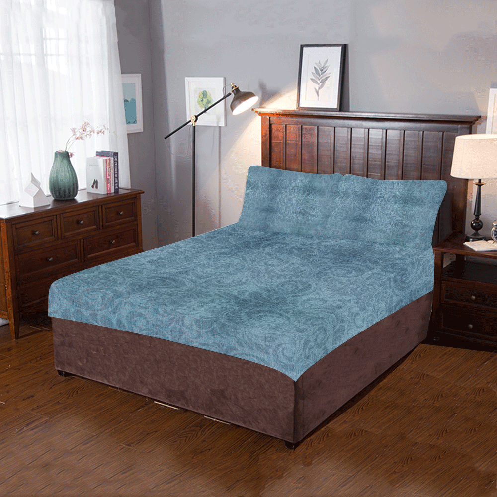 Denim with vintage floral pattern, turquoise blue 3-Piece Bedding Set