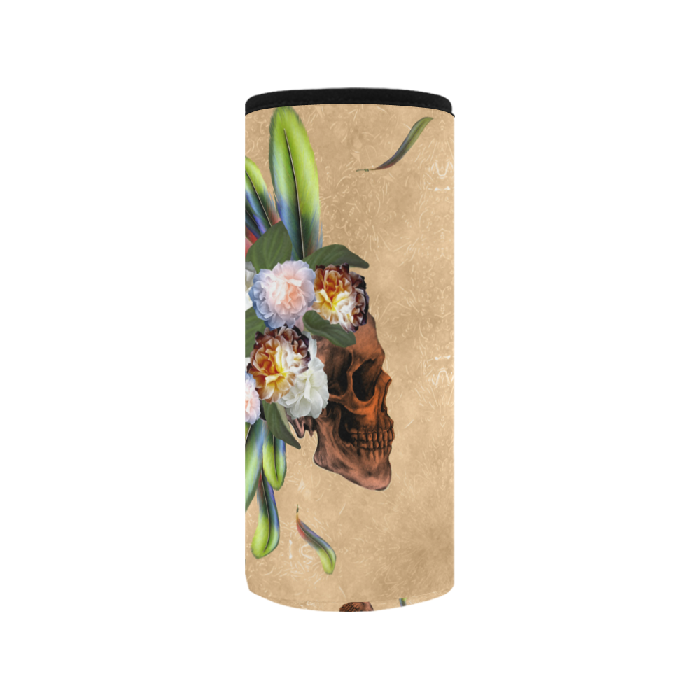 Amazing skull with feathers and flowers Neoprene Water Bottle Pouch/Medium