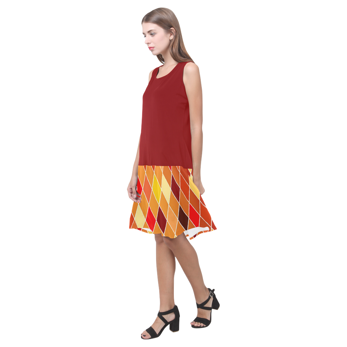 Harlequine-Caramel-Pattern Sleeveless Splicing Shift Dress(Model D17)