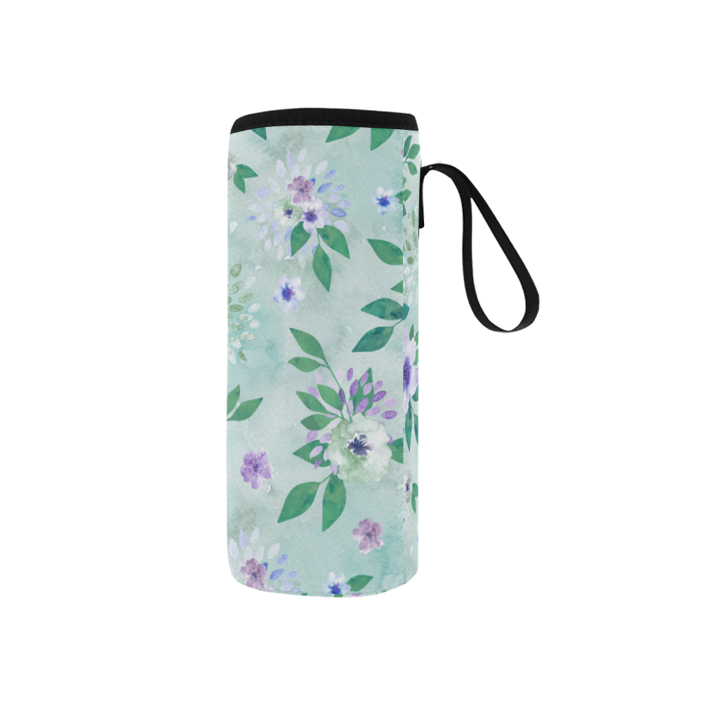 Watercolor Spring Flowers Pattern cyan lilac Neoprene Water Bottle Pouch/Small