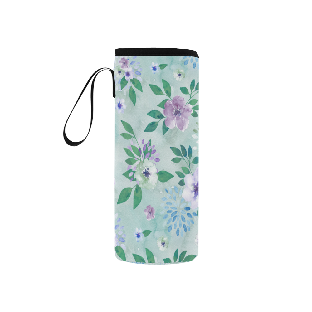 Watercolor Spring Flowers Pattern cyan lilac Neoprene Water Bottle Pouch/Small
