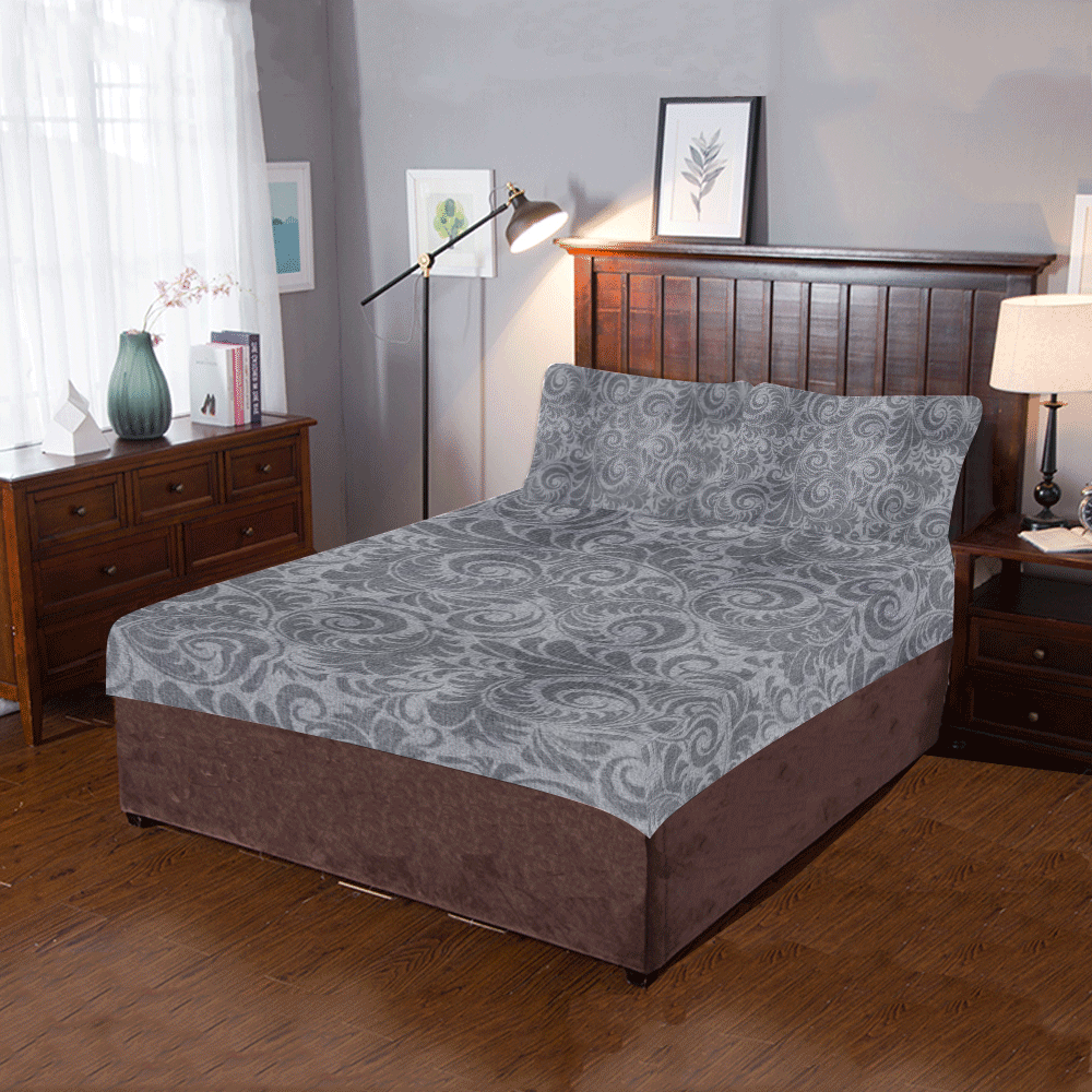 Denim with vintage floral pattern, light grey 3-Piece Bedding Set