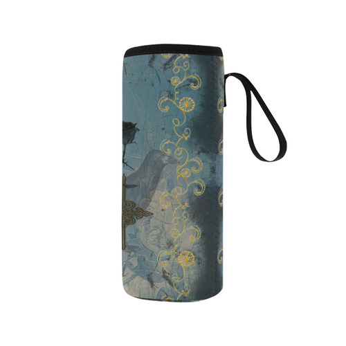 The blue skull with crow Neoprene Water Bottle Pouch/Medium