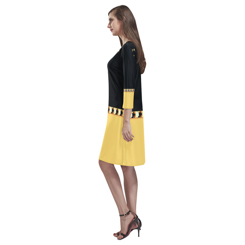 Yellow and Black Block Print Rhea Loose Round Neck Dress(Model D22)