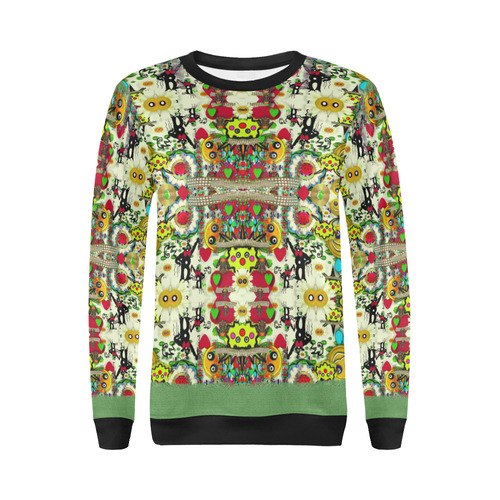 Chicken monkeys smile in the hot floral nature All Over Print Crewneck Sweatshirt for Women (Model H18)