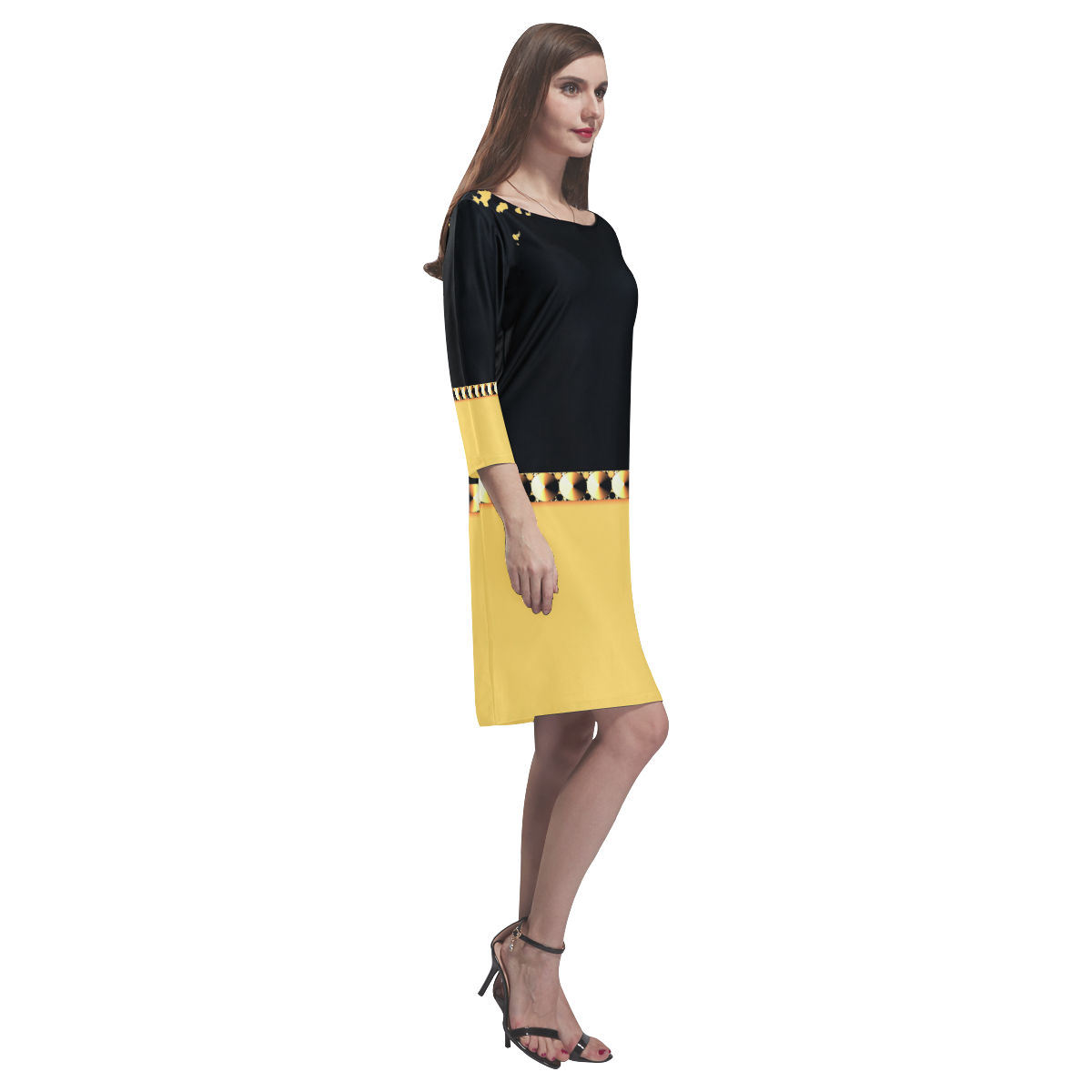 Yellow and Black Block Print Rhea Loose Round Neck Dress(Model D22)