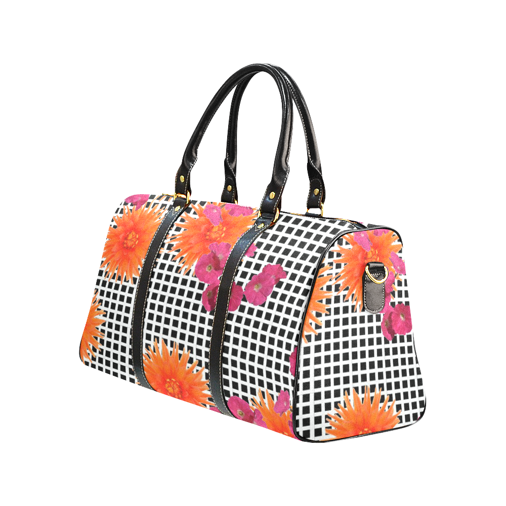 Handbag Black White Check Orange Pink Flowers by Tell3People New Waterproof Travel Bag/Large (Model 1639)