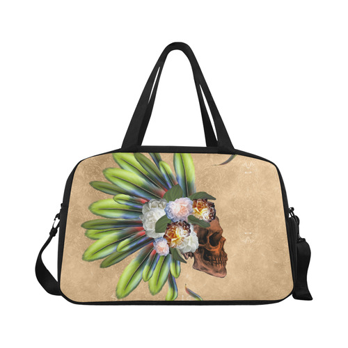 Amazing skull with feathers and flowers Fitness Handbag (Model 1671)