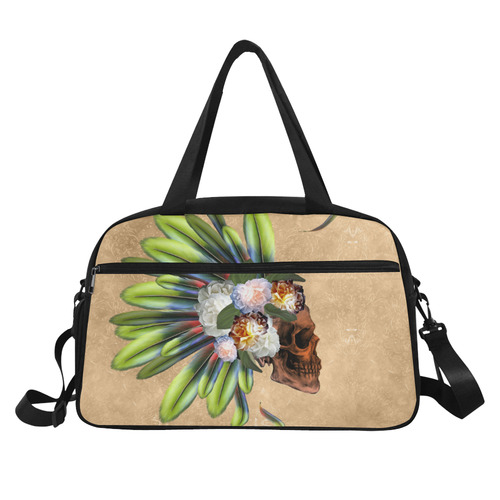 Amazing skull with feathers and flowers Fitness Handbag (Model 1671)