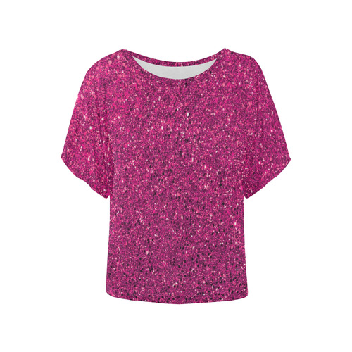 Hot Pink Glitter Women's Batwing-Sleeved Blouse T shirt (Model T44)