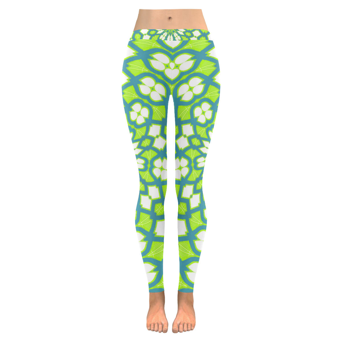 Leggings Hawaiian Blue Green White Pattern by Tell3People Women's Low Rise Leggings (Invisible Stitch) (Model L05)