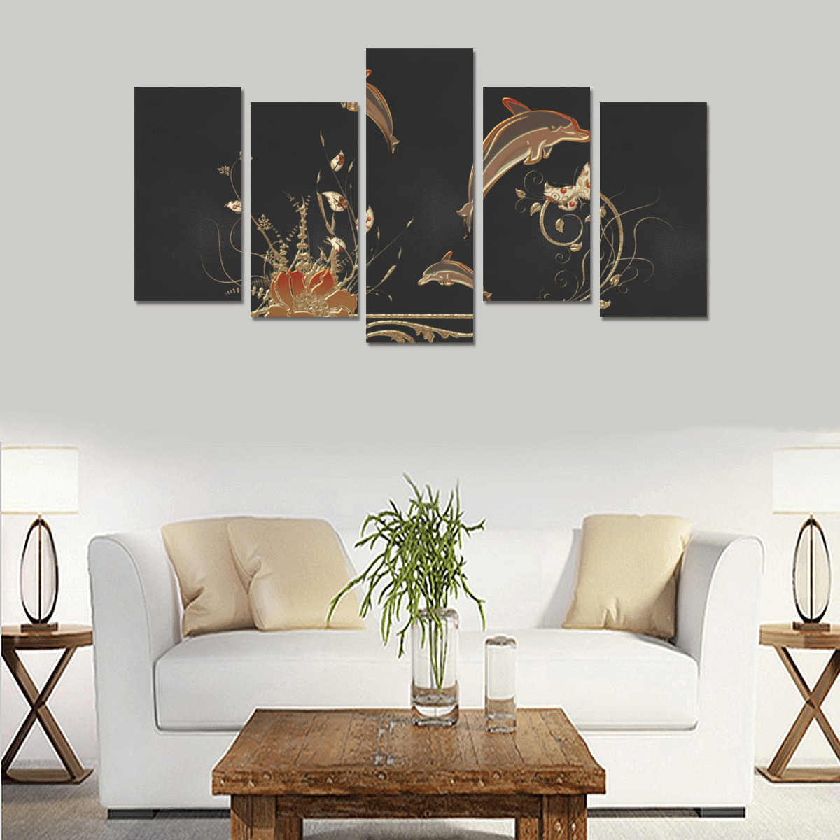 Dolphin with flowers Canvas Print Sets E (No Frame)