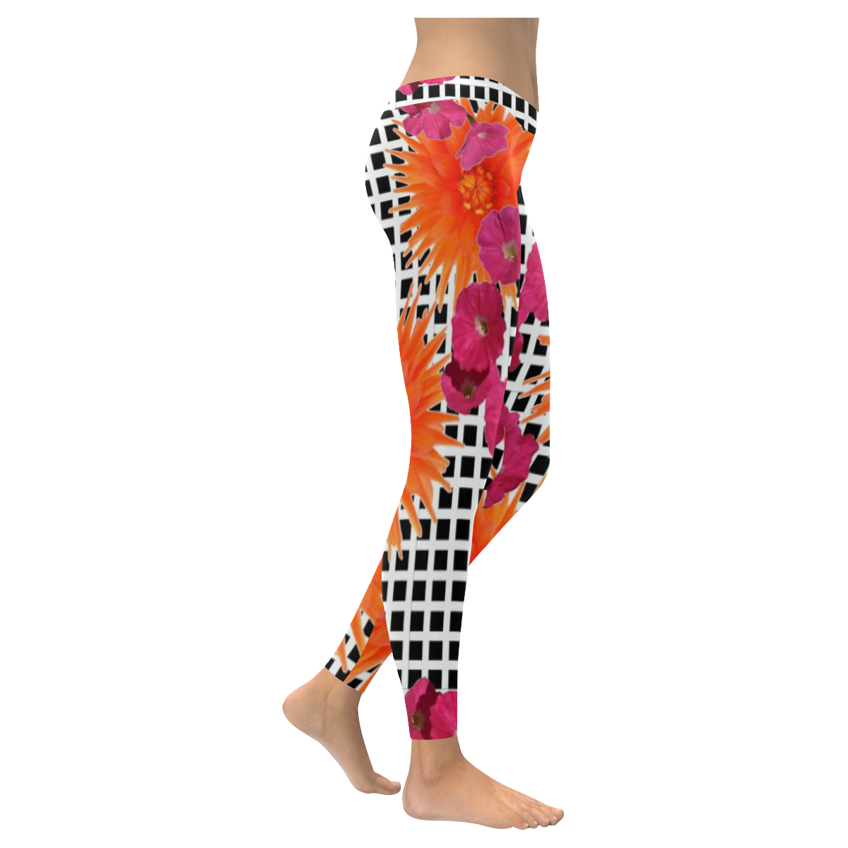 Leggings Black White Check Orange Pink Flowers by Tell3People Women's Low Rise Leggings (Invisible Stitch) (Model L05)
