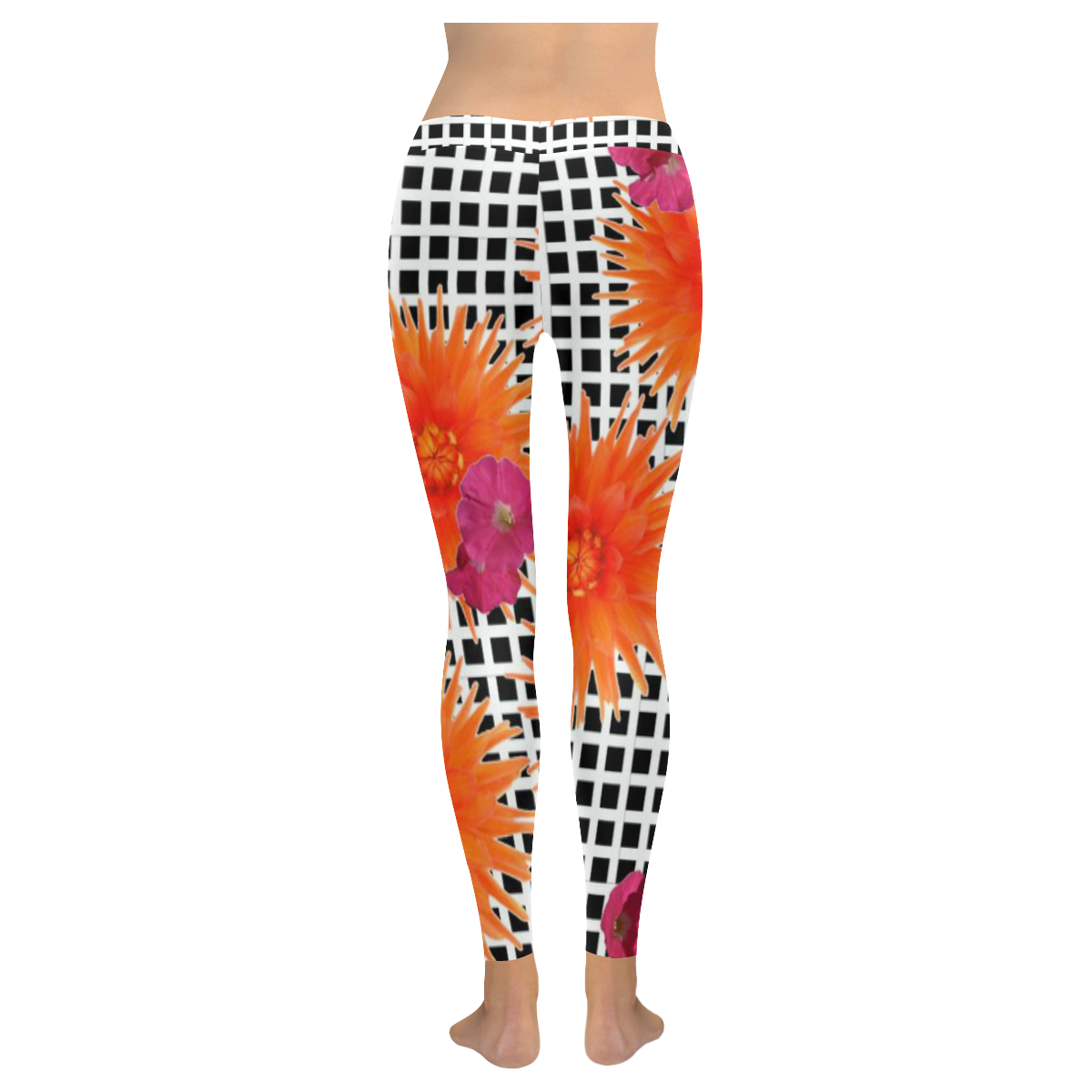 Leggings Black White Check Orange Pink Flowers by Tell3People Women's Low Rise Leggings (Invisible Stitch) (Model L05)