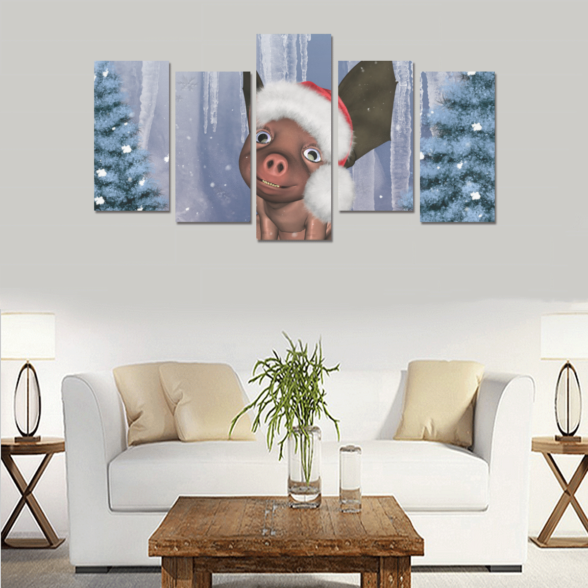 Christmas, cute little piglet with christmas hat Canvas Print Sets E (No Frame)