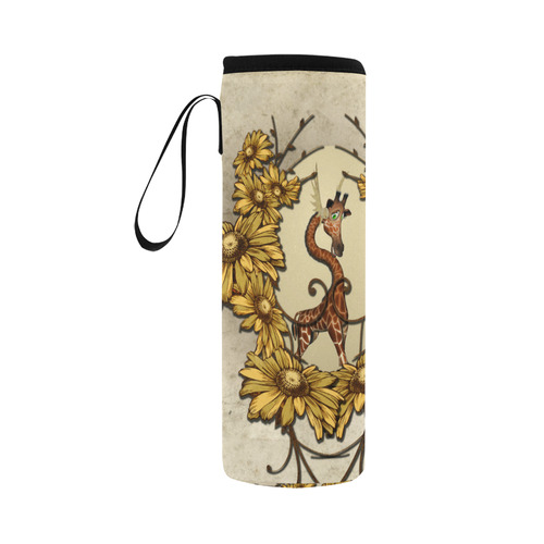 Sweet, cute giraffe with flowers Neoprene Water Bottle Pouch/Large