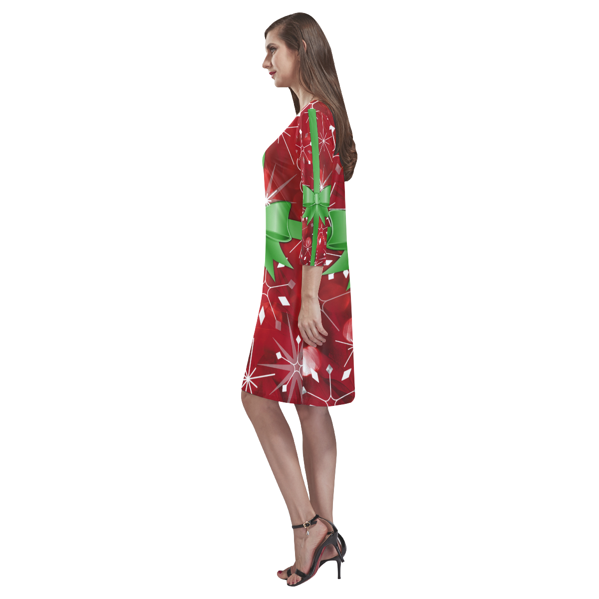 Christmas Gift Wrap Dress Sleeves Rhea Loose Round Neck Dress(Model D22)