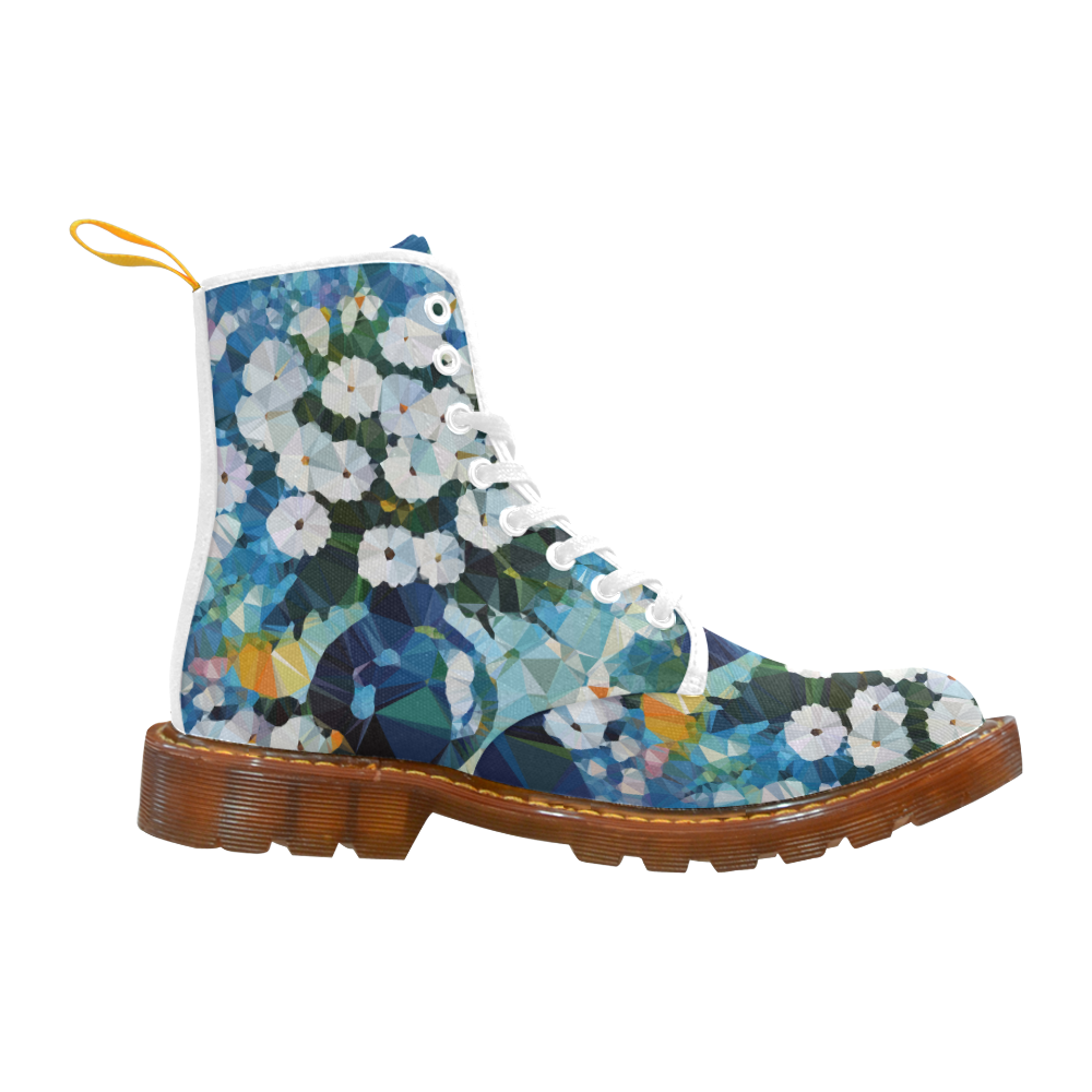 White Flowers Blue Vase Low Poly Art Martin Boots For Women Model 1203H