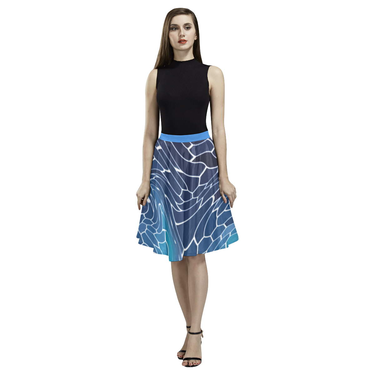blue wave mosaic Melete Pleated Midi Skirt (Model D15)