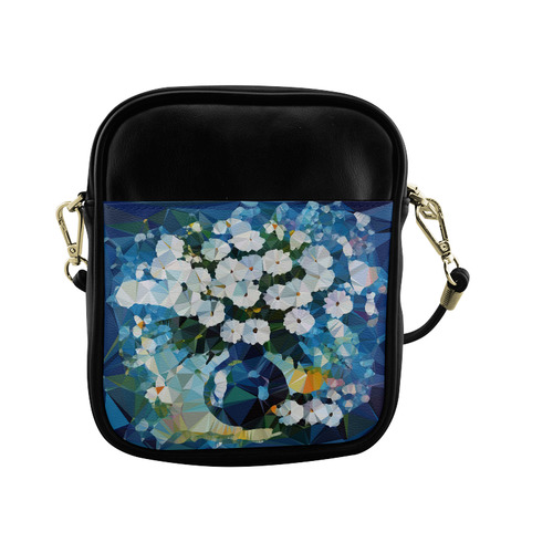 White Flowers Blue Vase Low Poly Art Sling Bag (Model 1627)