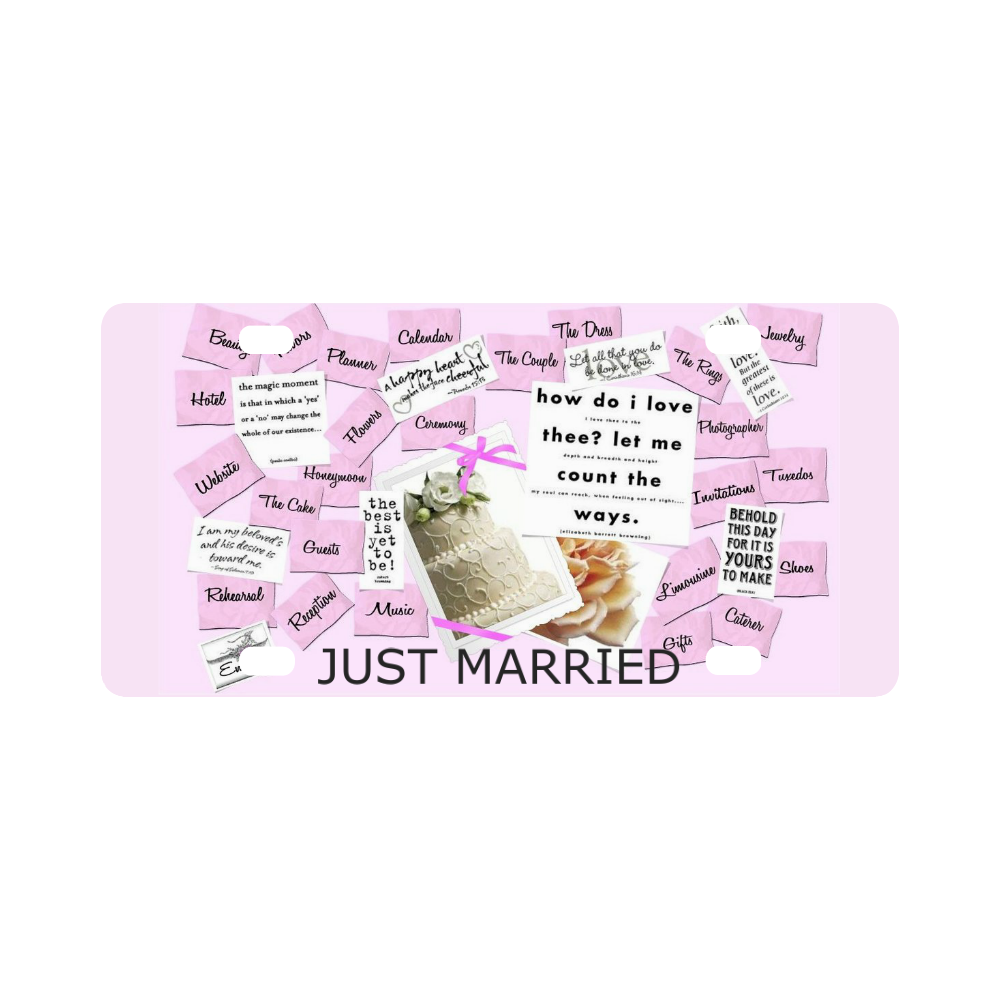 Just Married Pink White Wedding License Plate Pink White by Tell3People Classic License Plate