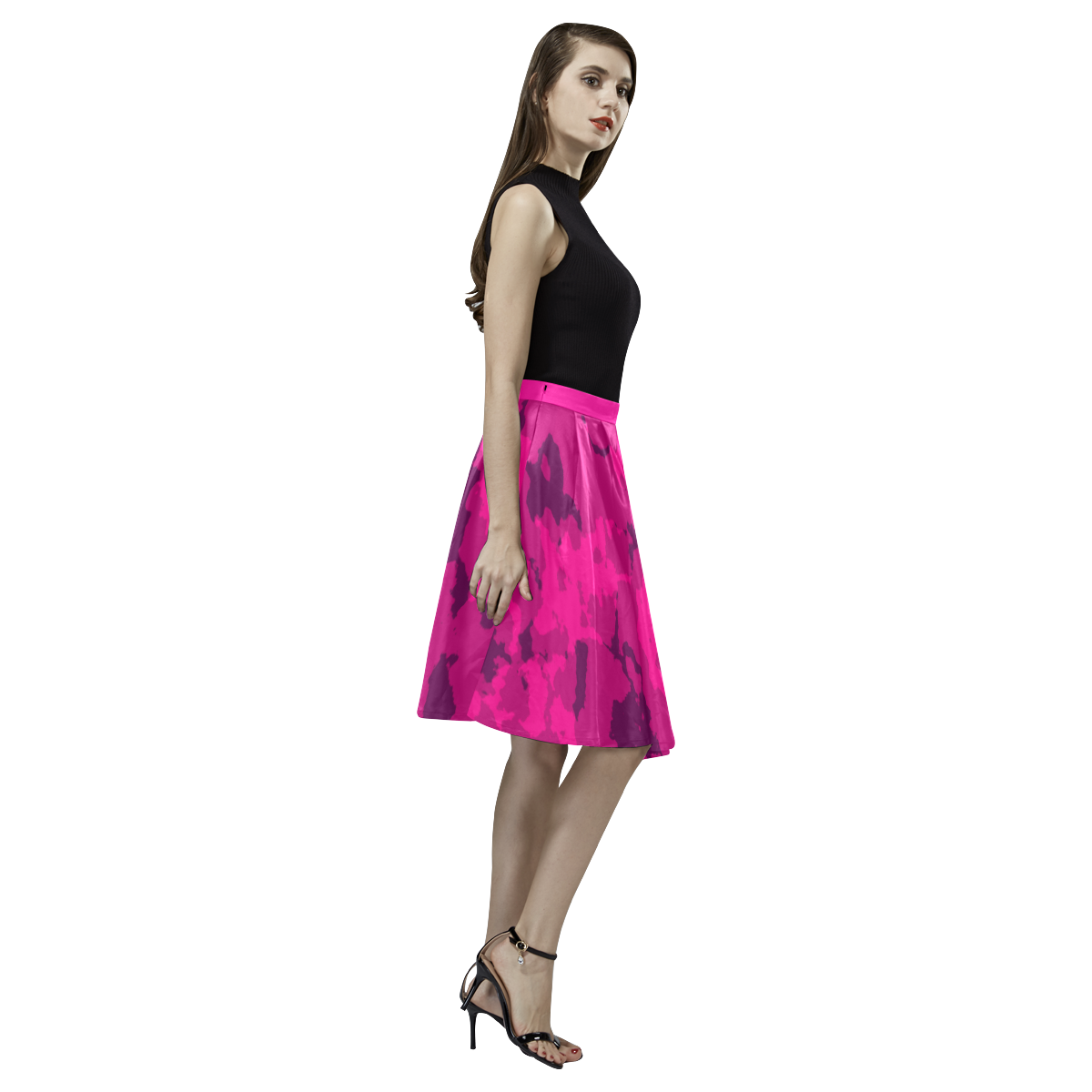 pink Camouflage Melete Pleated Midi Skirt (Model D15)