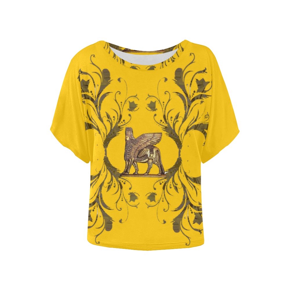 Yellow Assyrian Lamassu Women's Shirt Women's Batwing-Sleeved Blouse T shirt (Model T44)