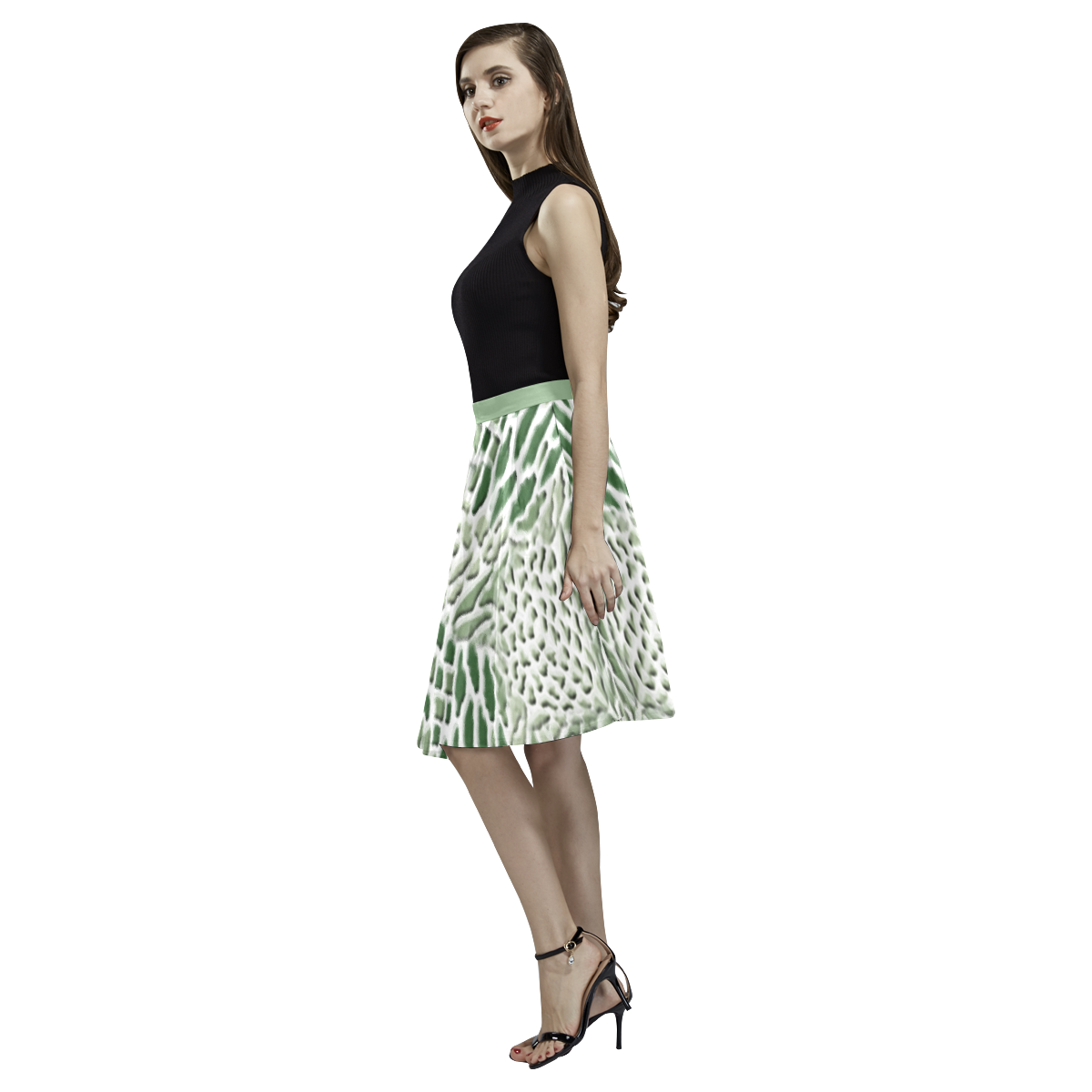 green animal print Melete Pleated Midi Skirt (Model D15)