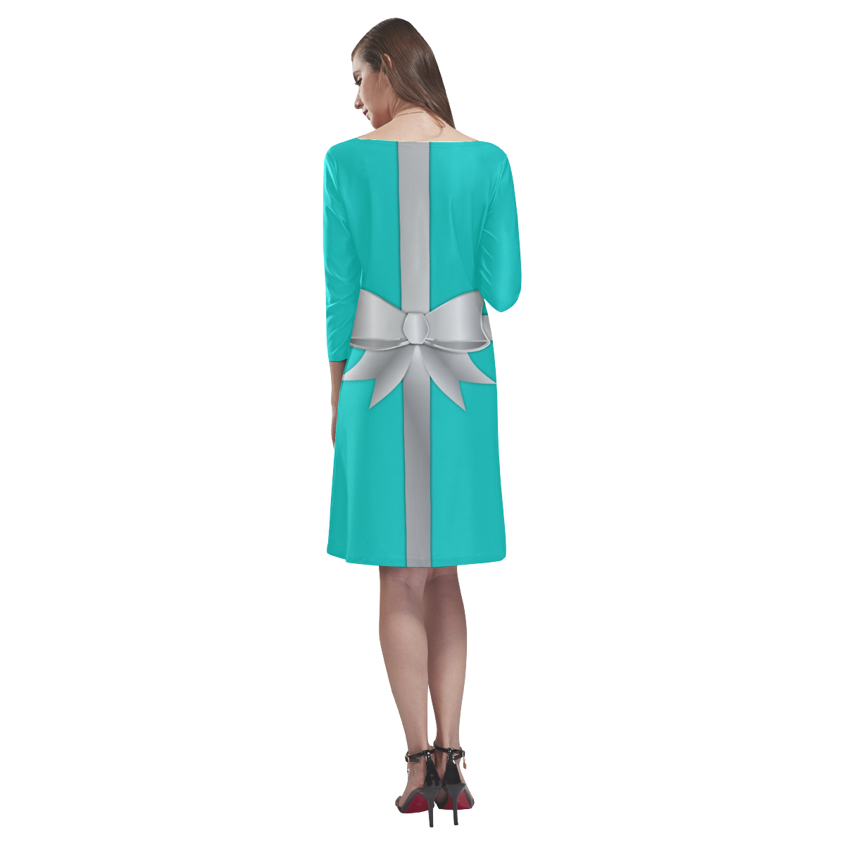 Blue Gift Box Dress Sleeves Rhea Loose Round Neck Dress(Model D22)