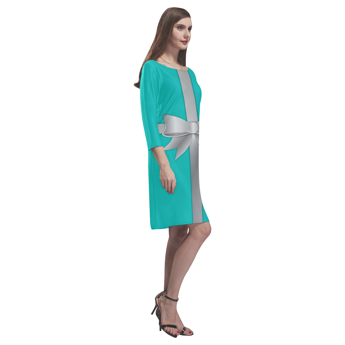 Blue Gift Box Dress Sleeves Rhea Loose Round Neck Dress(Model D22)