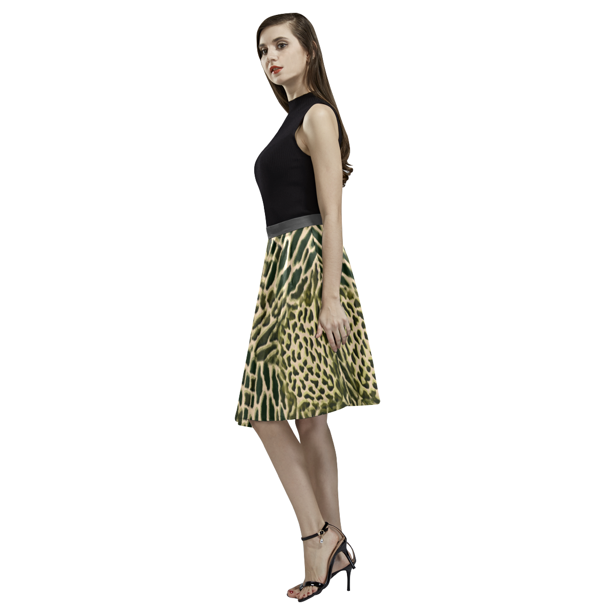 brown animalprint Melete Pleated Midi Skirt (Model D15)