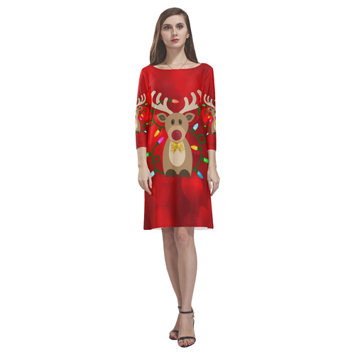 Christmas Reindeer in Lights Dress Rhea Loose Round Neck Dress(Model D22)