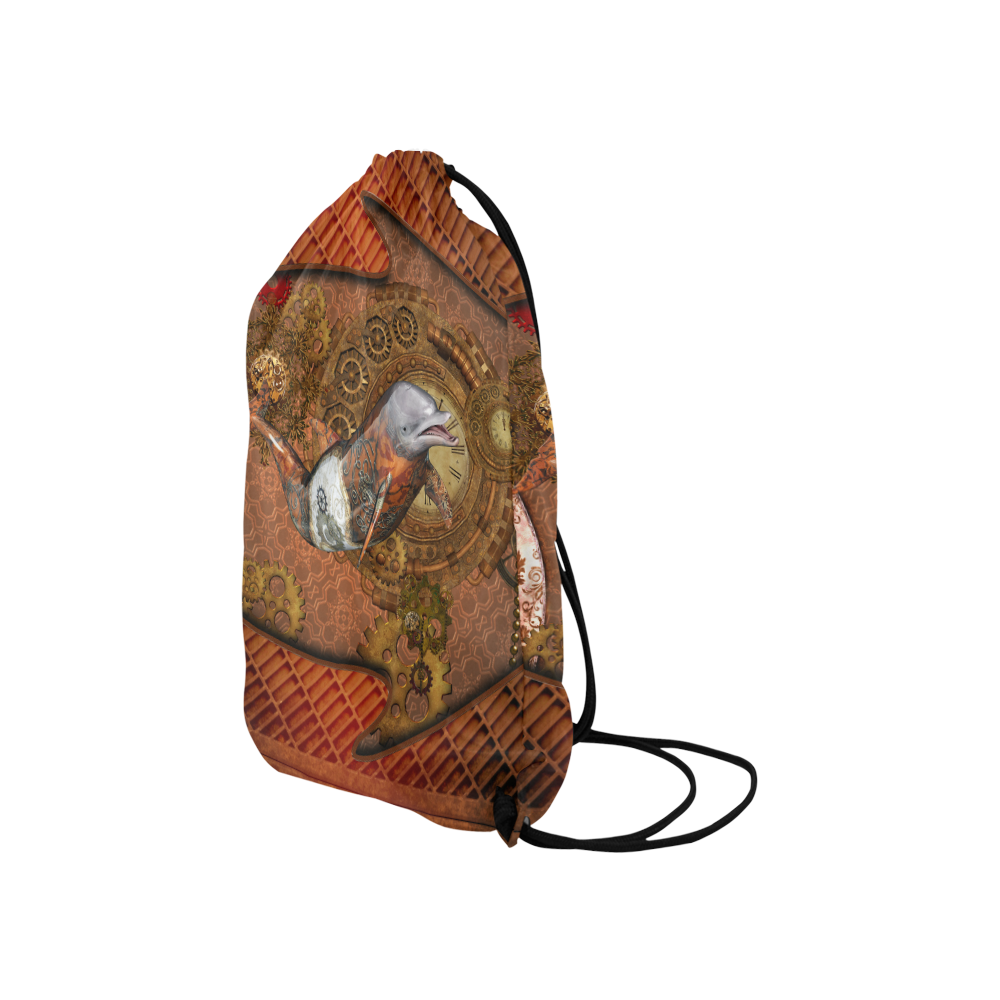 Funny steampunk dolphin, clocks and gears Small Drawstring Bag Model 1604 (Twin Sides) 11"(W) * 17.7"(H)