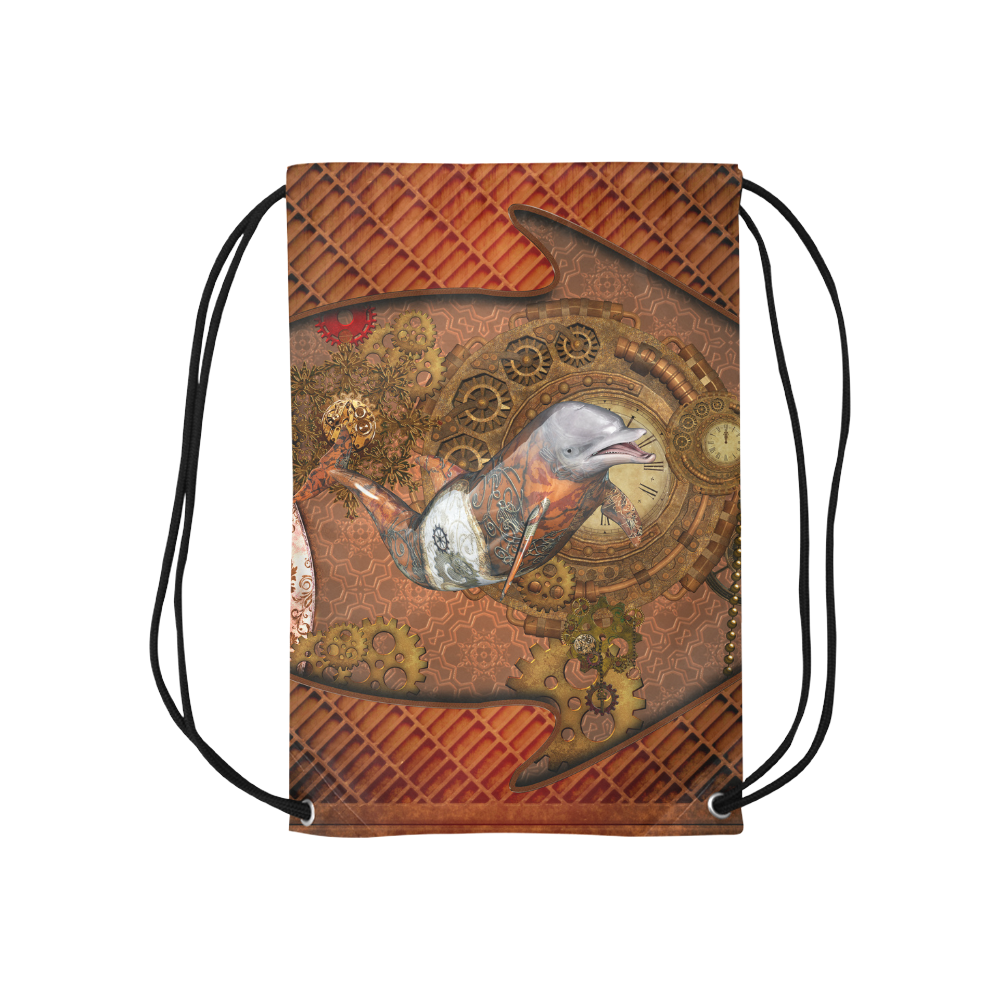 Funny steampunk dolphin, clocks and gears Small Drawstring Bag Model 1604 (Twin Sides) 11"(W) * 17.7"(H)