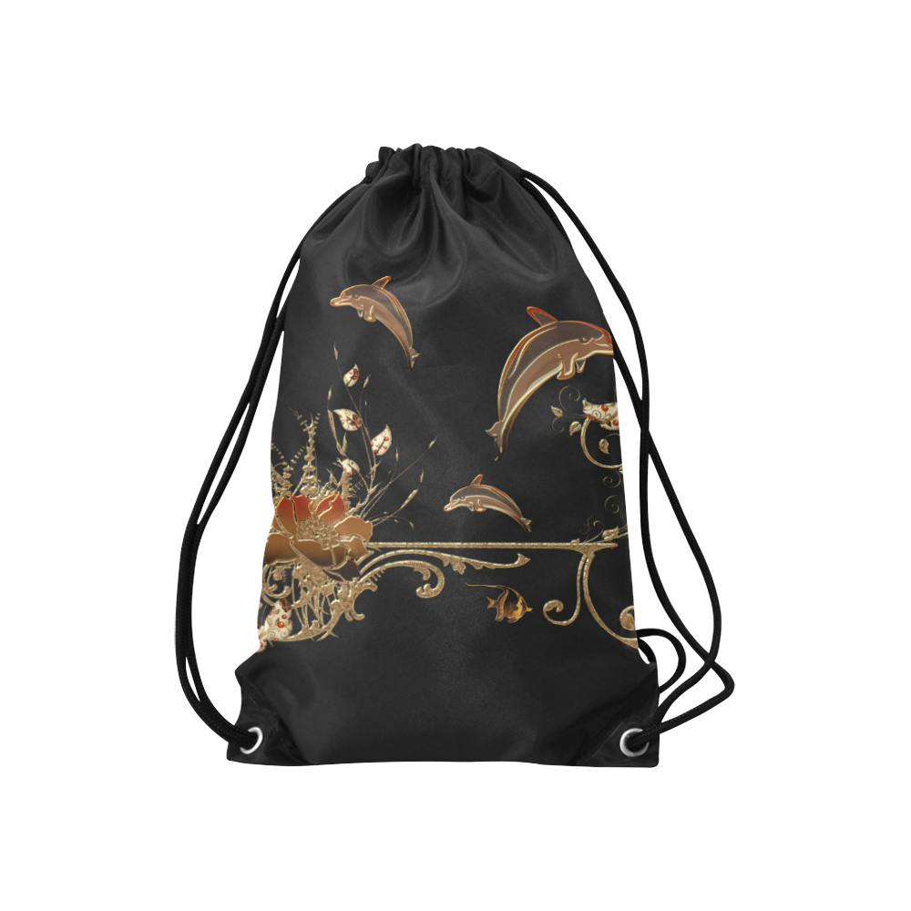Dolphin with flowers Small Drawstring Bag Model 1604 (Twin Sides) 11"(W) * 17.7"(H)