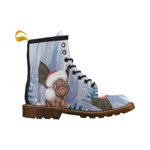 Christmas, cute little piglet with christmas hat High Grade PU Leather Martin Boots For Women Model 402H