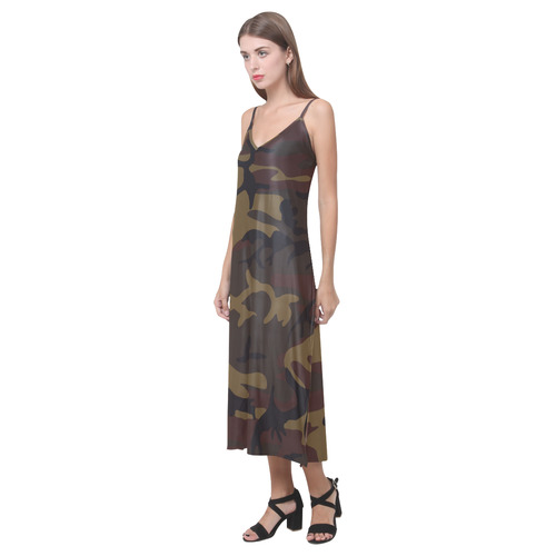 Camo Dark Brown V-Neck Open Fork Long Dress(Model D18)