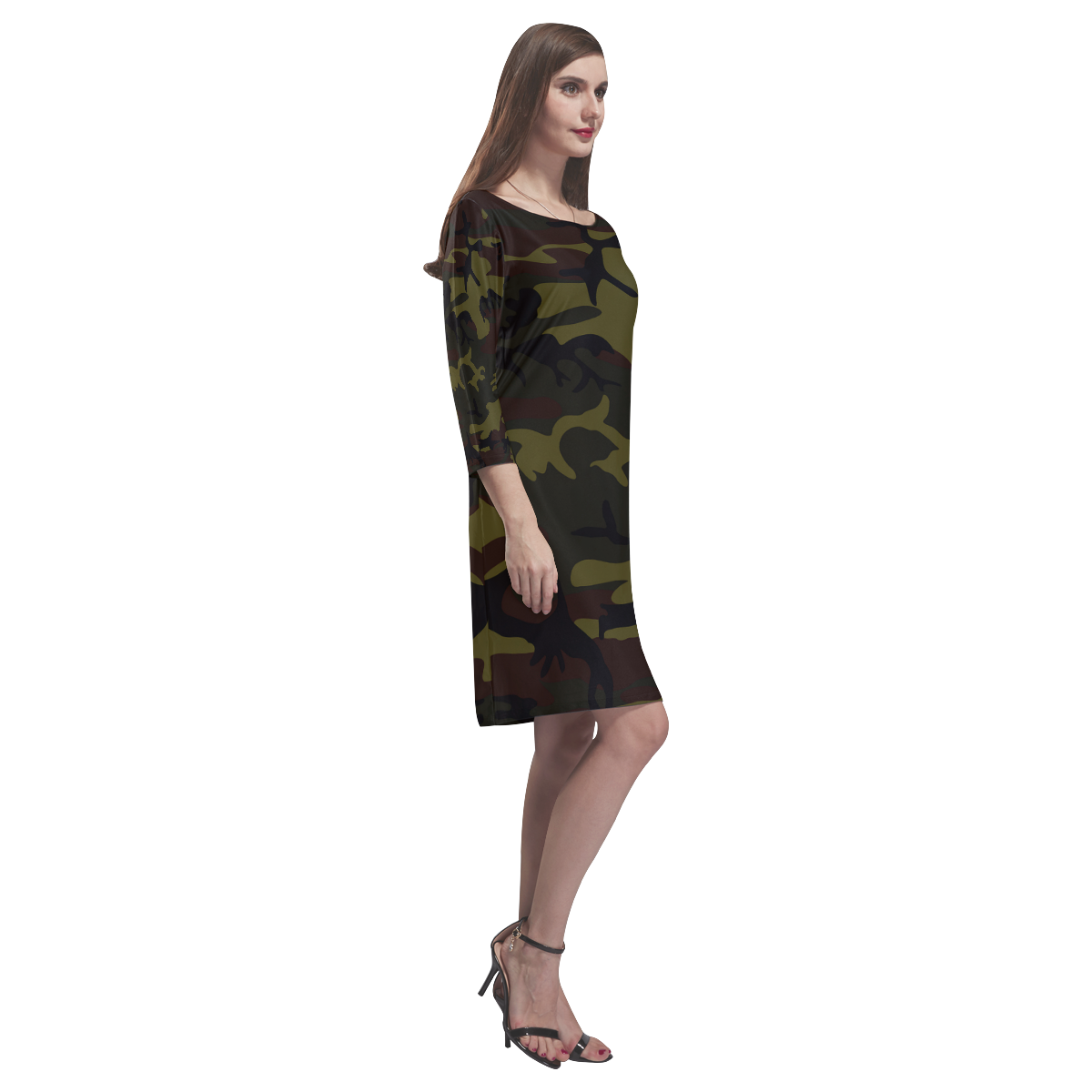 Camo Green Brown Rhea Loose Round Neck Dress(Model D22)