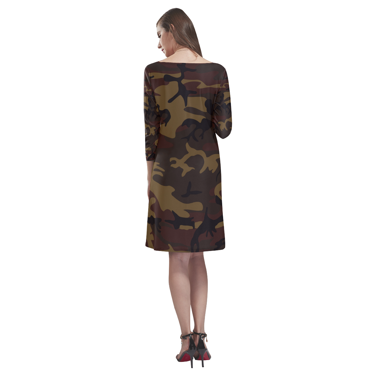 Camo Dark Brown Rhea Loose Round Neck Dress(Model D22)