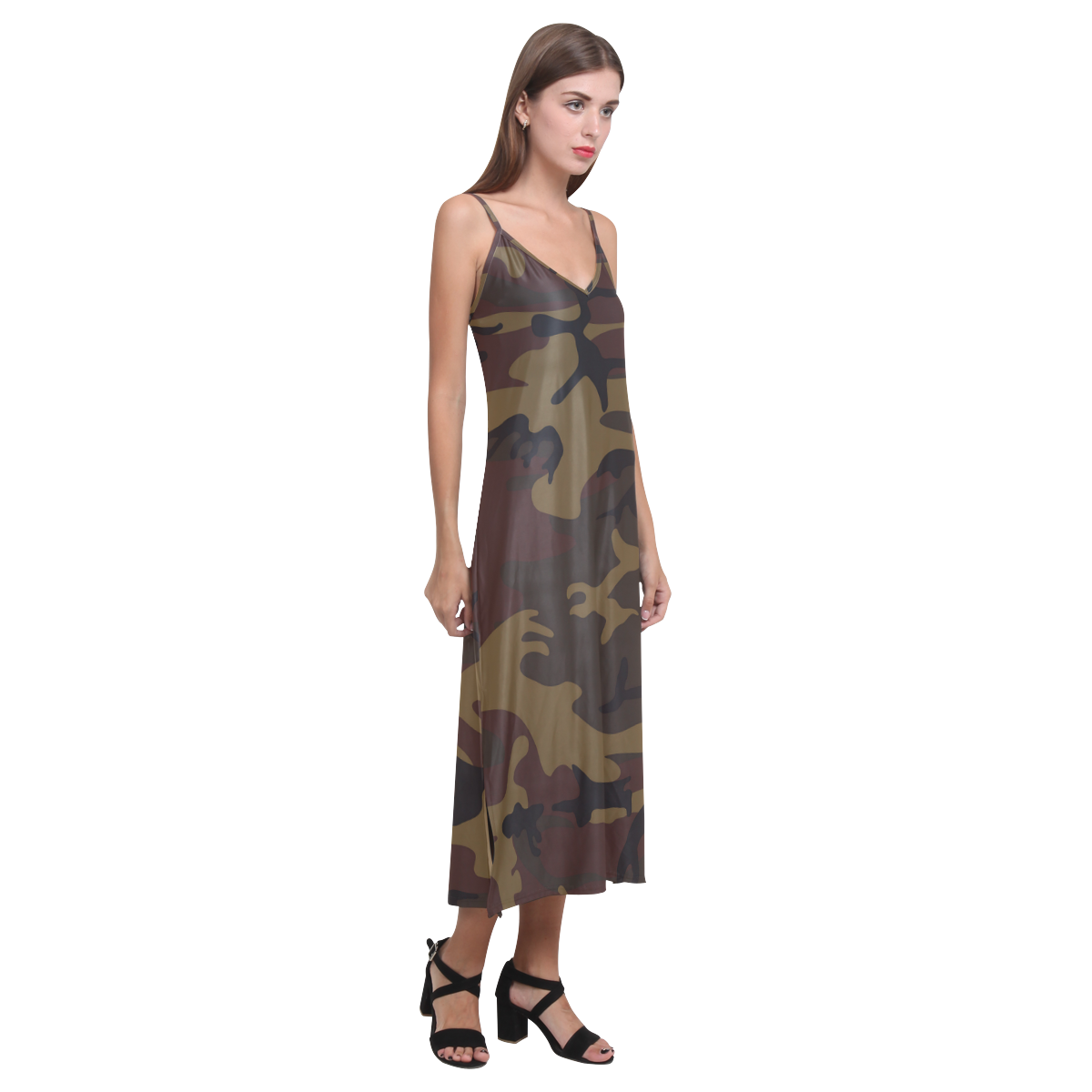 Camo Dark Brown V-Neck Open Fork Long Dress(Model D18)