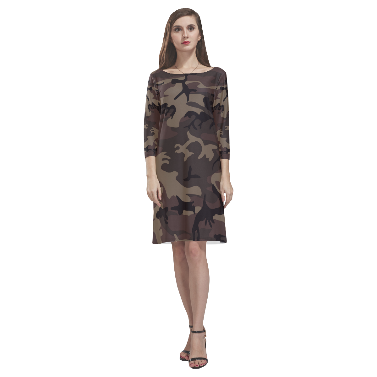Camo Red Brown Rhea Loose Round Neck Dress(Model D22)