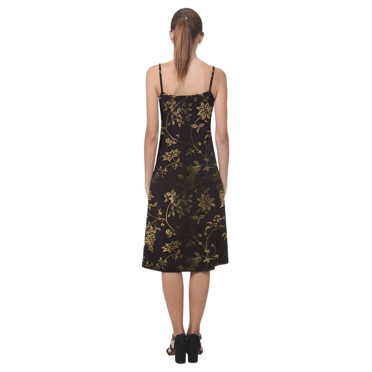 Gothic Victorian Black And Gold Pattern Alcestis Slip Dress (Model D05)