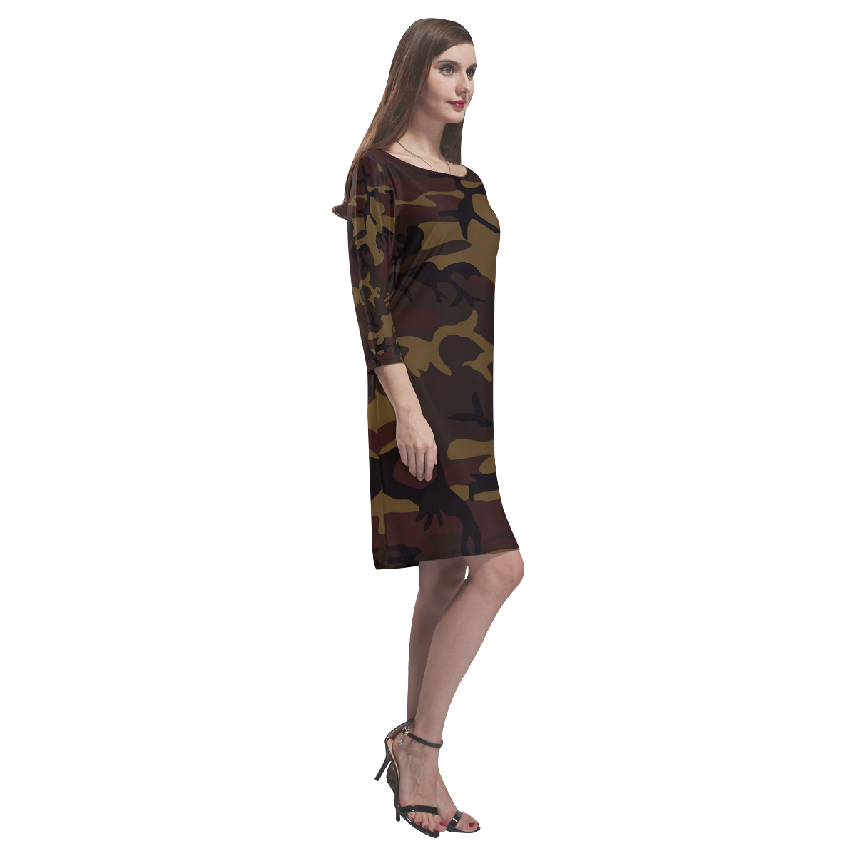 Camo Dark Brown Rhea Loose Round Neck Dress(Model D22)