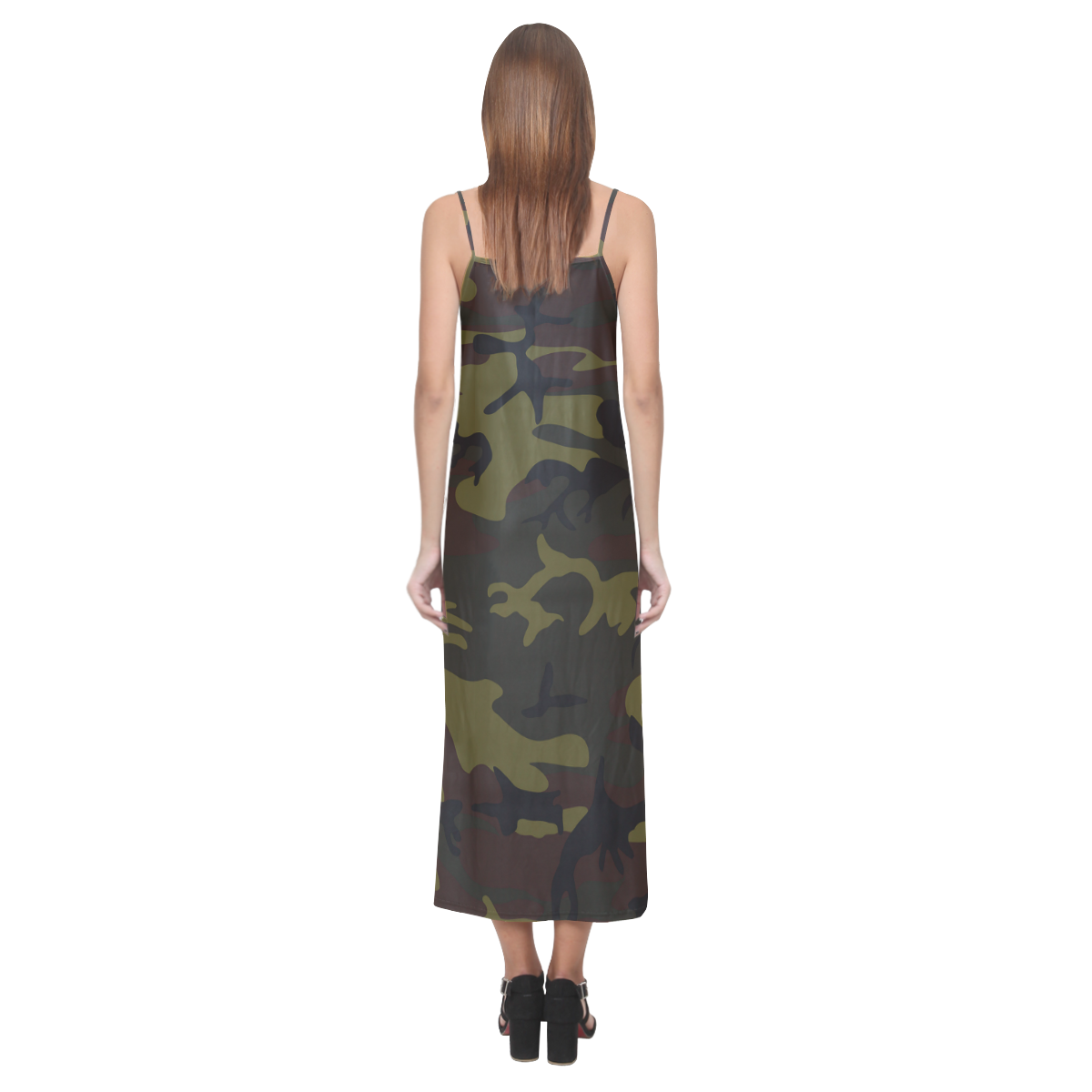 Camo Green Brown V-Neck Open Fork Long Dress(Model D18)