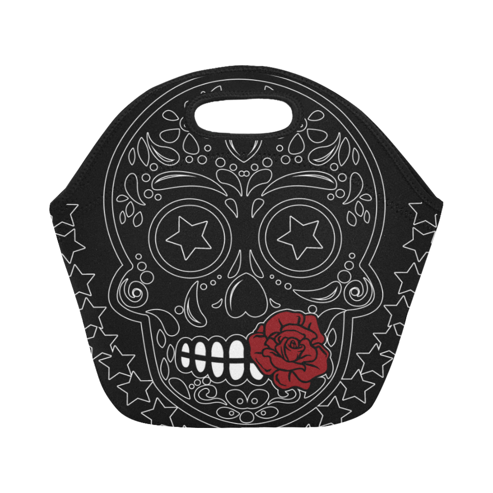 Sugar Skull Red Rose Black Neoprene Lunch Bag/Small (Model 1669)