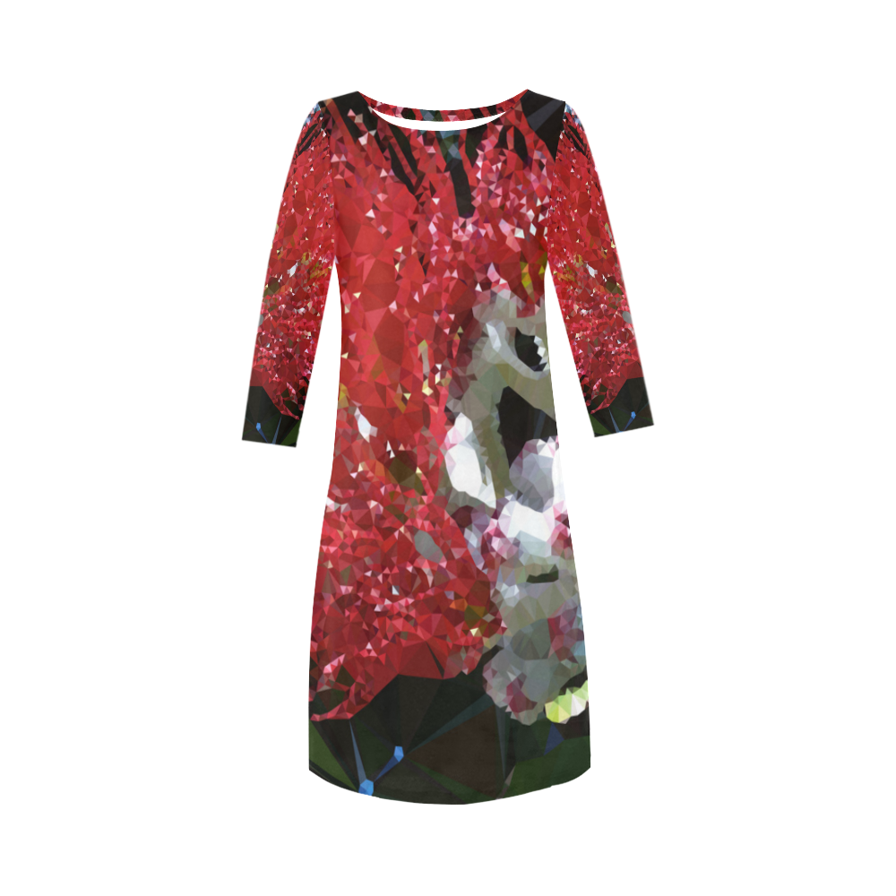New Zealand Red Floral Low Poly Art Round Collar Dress (D22) | ID: D2079399