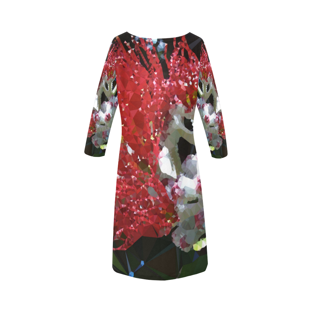 New Zealand Red Floral Low Poly Art Round Collar Dress (D22) | ID: D2079399