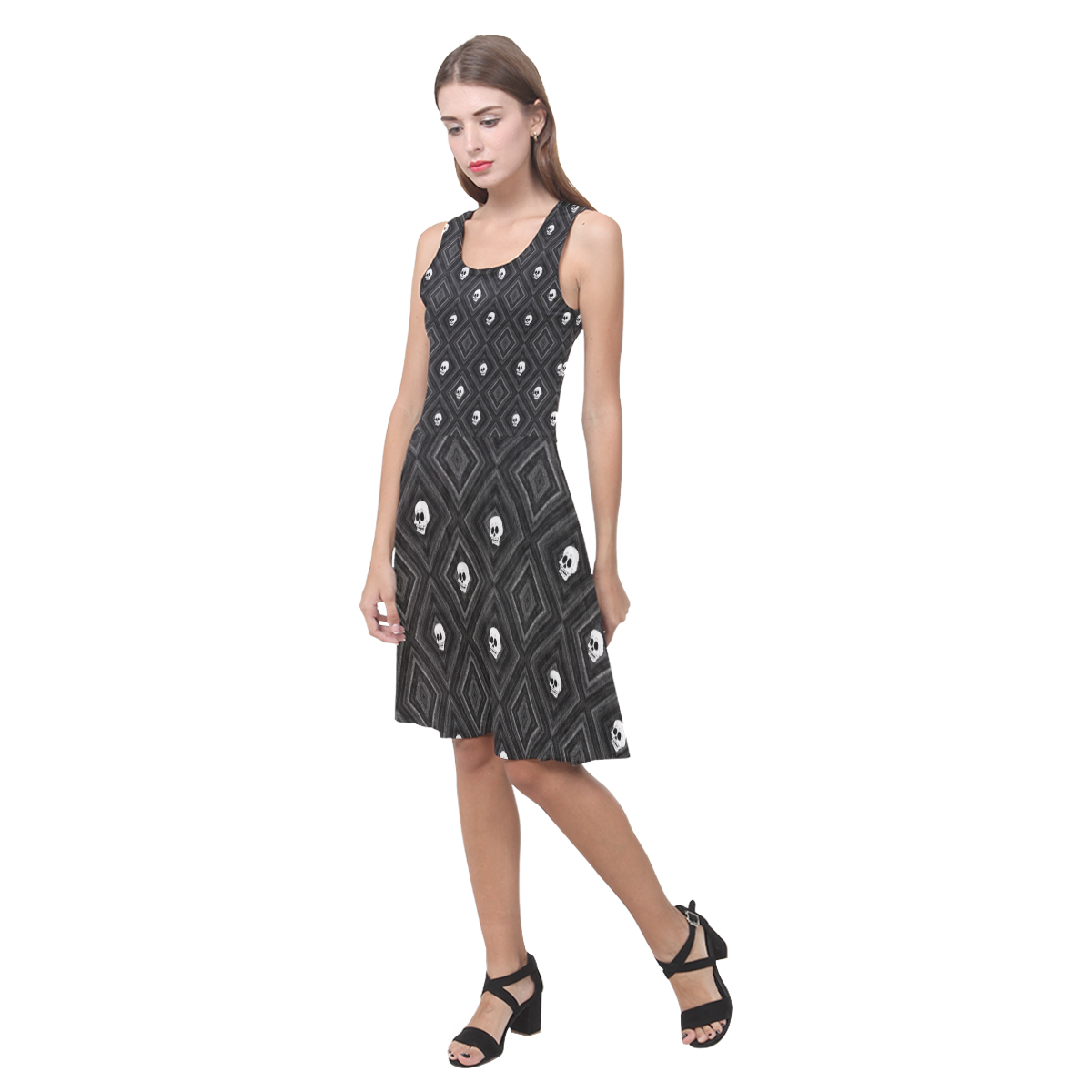 Funny little Skull pattern, B&W by JamColors Atalanta Casual Sundress(Model D04)