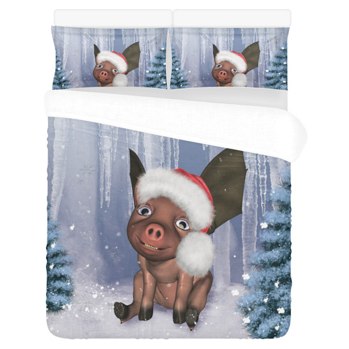 Christmas, cute little piglet with christmas hat 3-Piece Bedding Set